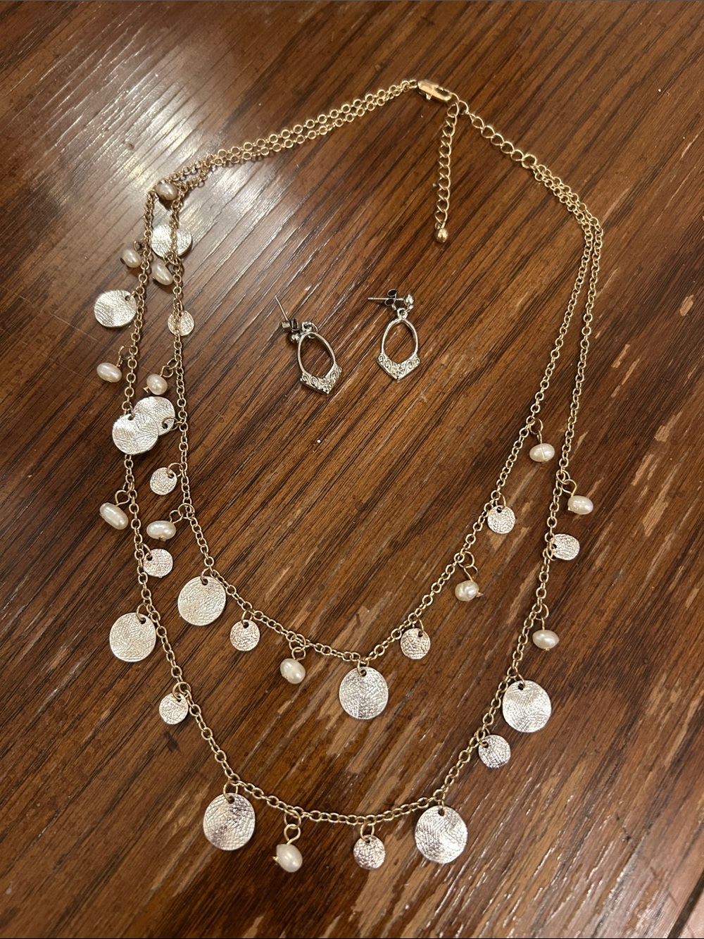 Gold-Tone Layered Disc & Pearl Necklace with Matching Earrings